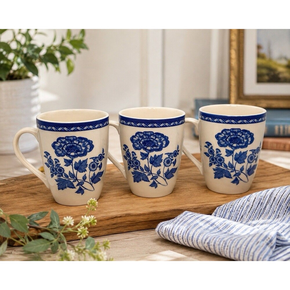 Churchill Blue White Floral Coffee Mugs Set of 3 Cream Transferware Cottagecore